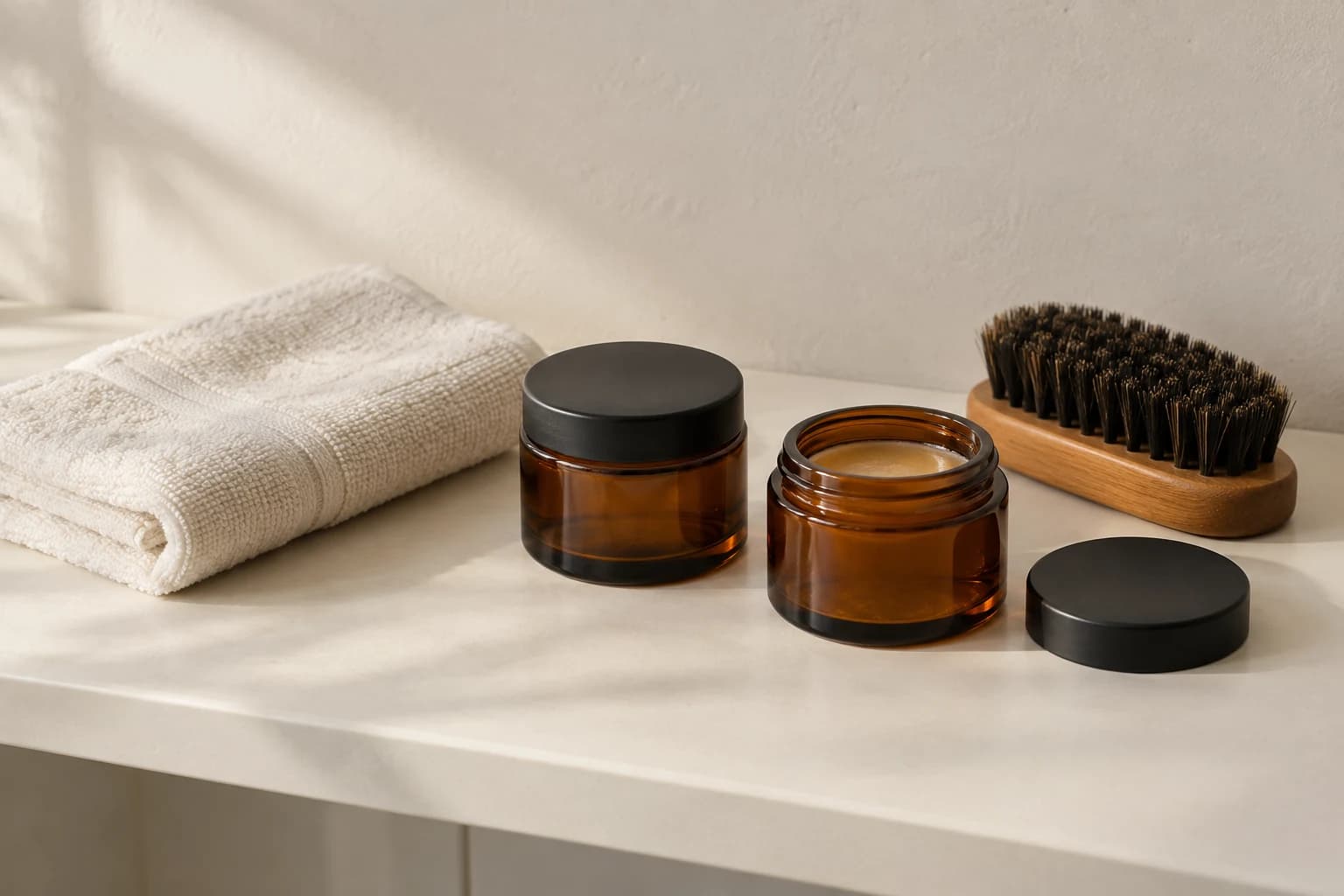 Grooming products neatly arranged on a backbar