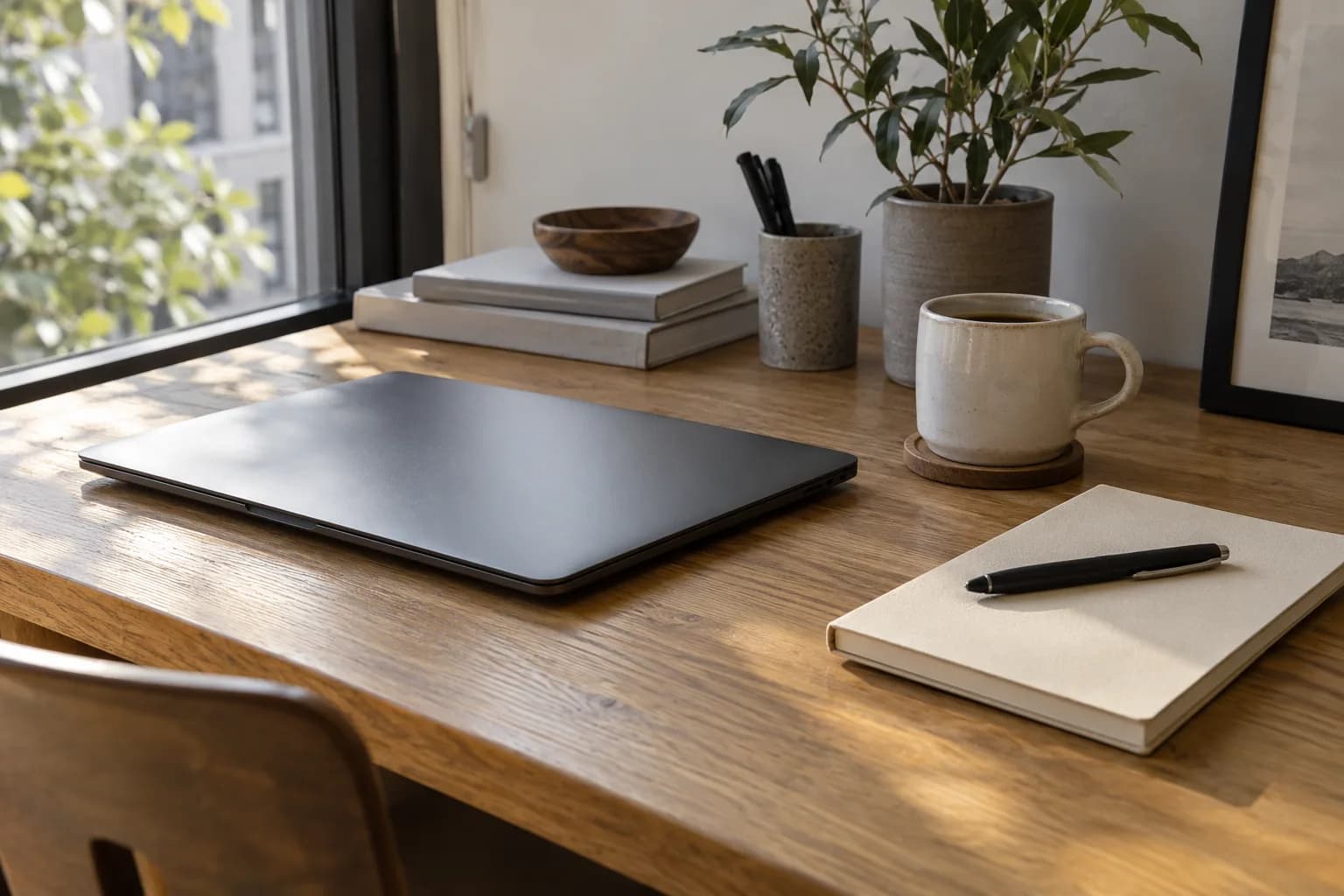 A quiet workspace with a notebook and laptop